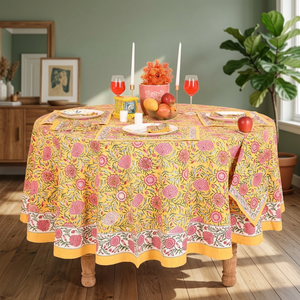 <b>Round</b> Cotton <b>Tablecloth</b> Floral Pattern Yellow Pink Washable Party Use Modern Style Handmade Customized - Product Image 2