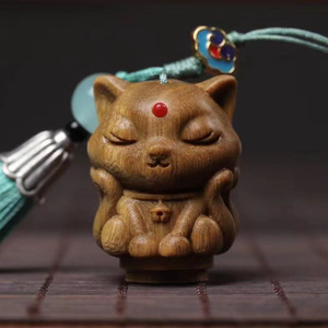 Wooden <b>Cat</b> Pendant Keychain 3.3x2.0cm Chinese Style Car Charm Hanging Ornament For Phone Bag Decoration - Product Image 4