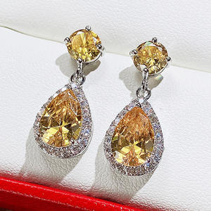 Pendientes de cristal con forma de gota de agua de lujo para mujer, plata 925 con engaste de bisel, joyería para fiesta, pendientes de diamantes de imitación amarillos. - Product Image 4