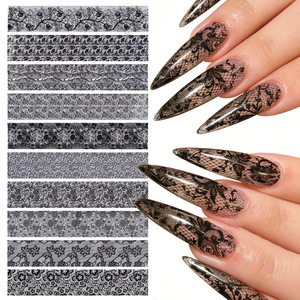 Autocollants pour ongles en dentelle noire et blanche, ciel étoilé, 10 feuilles/paquet, styles variés, autocollants adhésifs pour ongles, pour salon, manucure DIY - Product Image 4