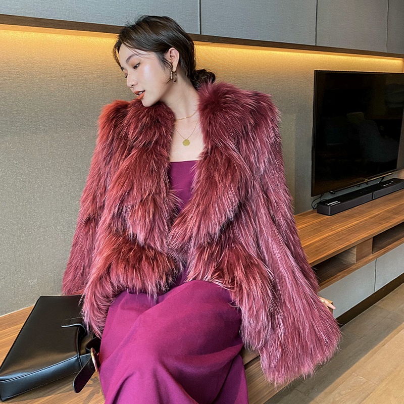 New Fashionable Woman Jacket Fur Real Raccoon Fur Jacket Red Custom Fluffy Ladies Big Raccoon Fur Collar Coat