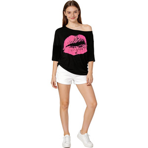 Retro Fluorescent Lip Print Off-Shoulder T-Shirt Women's Oversized Three Quarter Sleeve Jersey <b>Top</b> - Product Image 2