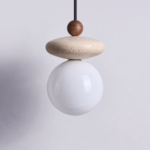 Suspension LED moderne pour îlot de cuisine, style Japandi minimaliste, en travertin naturel, bois massif et verre, G9 CE <span class=keywords><strong>Audrey</strong></span> Travertine - Product Image 3