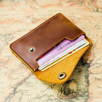 Dompet Mini Kulit Asli Buatan Tangan Vintage Crazy Horse dengan Kancing Penutup, Tempat Kartu Kredit/ID Kecil, Unisex