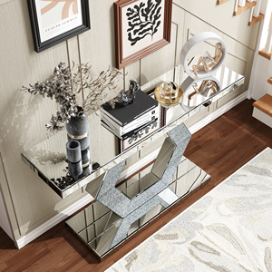 Hexagon Mirror Entryway <b>Console</b> <b>Table</b> With Diamond <b>Glass</b> Effects Dual Tier Luxury Foyer Decor - Product Image 3
