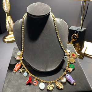 Collana <span class=keywords><strong>con</strong></span> ciondolo fai da te in ceramica smaltata e acciaio inossidabile stile Bohemia, <span class=keywords><strong>con</strong></span> perline e ciondoli a forma di croce, cuore, pesce, conchiglia e stella marina in <span class=keywords><strong>corallo</strong></span> rosso, idea regalo - Product Image 2