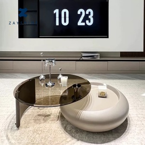 Zayshine Italian Modern FRP Base Coffee <strong>Table</strong> Glass Countertop <strong>Circle</strong> Living Room Furniture Set Simplicity Rotating Teapoy - Product Image 1