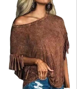 Summer Brown Tassel Fringe Short Sleeve Tee Tops Loose T Shirts Cowgirl Western Clothing Women - Product Image 1