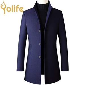 Yolife New Style Solid Men Long Wool Coat Slim Fit Wine Red <strong>Black</strong> Navy Blue Gray <strong>Overcoat</strong> - Product Image 3