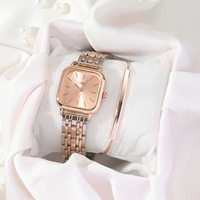 Jam Tangan Wanita Elegan Niche Sederhana Serbaguna dengan Tali Baja Quartz Chronograph Bentuk Kotak Kecil + Set Gelang Pribadi