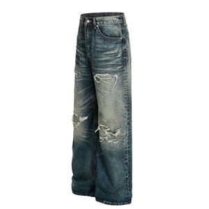 Z029 Jeans de Pierna Ancha de Mezclilla de Cintura Media con Diseño Desgastado Azul Lavado de Alta Gama Estilo Retro Americano para Hombre <span class=keywords><strong>y</strong></span> Mujer - Product Image 2