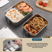 304 Edelstahl Rechteckige Lunchbox Picknick Abnehmbarer Trenner Doppelte Verriegelung Luftdicht Auslaufsicher Glatte Gerollte Kanten Wiederverwendbar