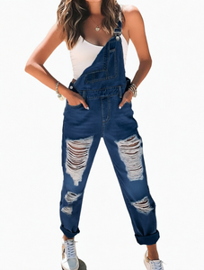 Women's <b>Vintage</b> High Destroyed Ripped Distressed Denim Overalls Comfortable Washed Blue Jean <b>Jumpsuit</b> Daily Casual Wear Spring - Product Image 1