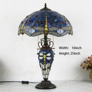 LongHuiJing 16Inch Yellow Dragonfly Stained Glass Lampshade Desk Light Tiffany Style <b>Table</b> <b>Lamp</b> With Lighted <b>Base</b> - Product Image 4