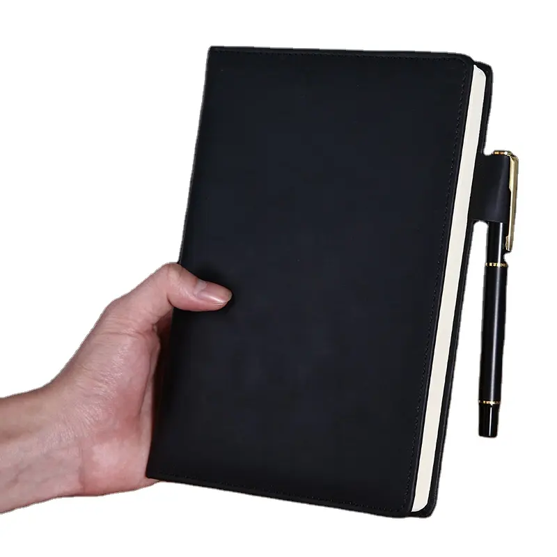 Ukuran nama perusahaan kustom kualitas tinggi jurnal Notebook kulit hitam A5 dengan tempat pena