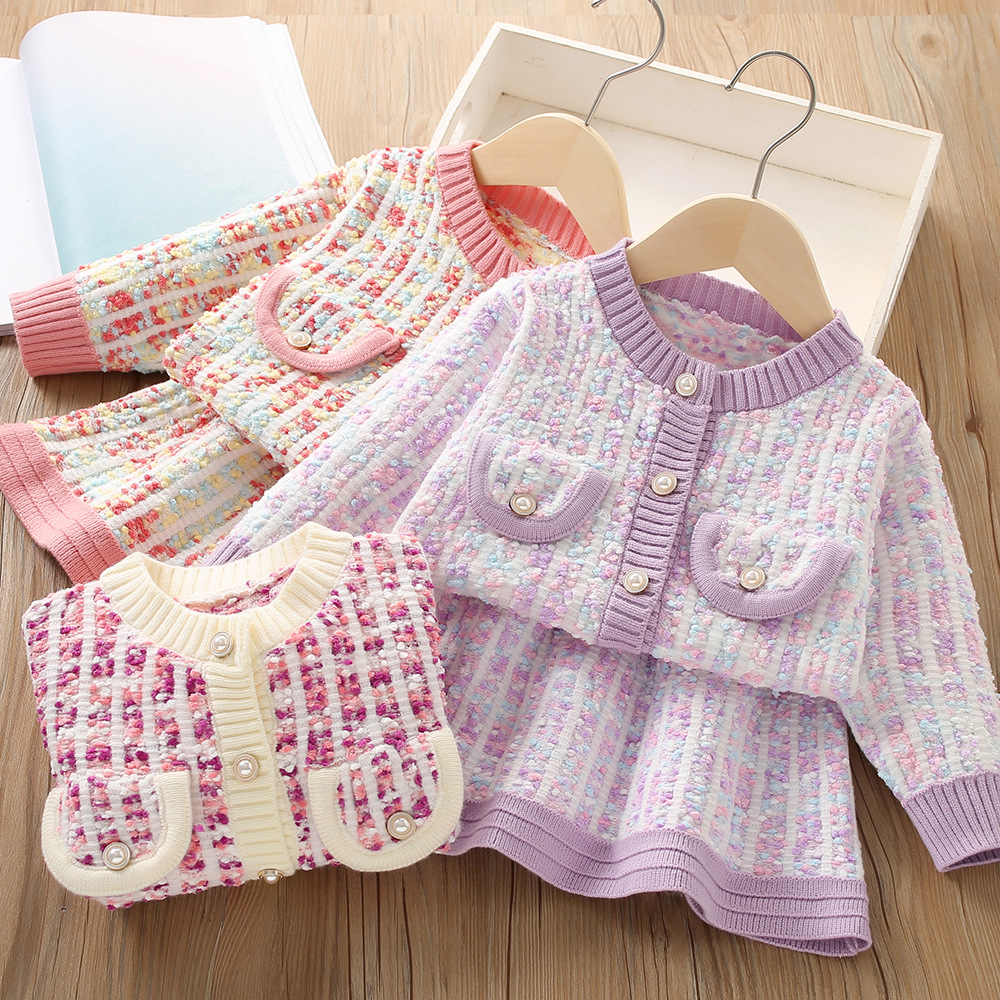 Conjunto de suéter para niñas, Otoño/Invierno 2024, falda de lana de manga larga para niños, conjunto de dos piezas, vestido para niñas