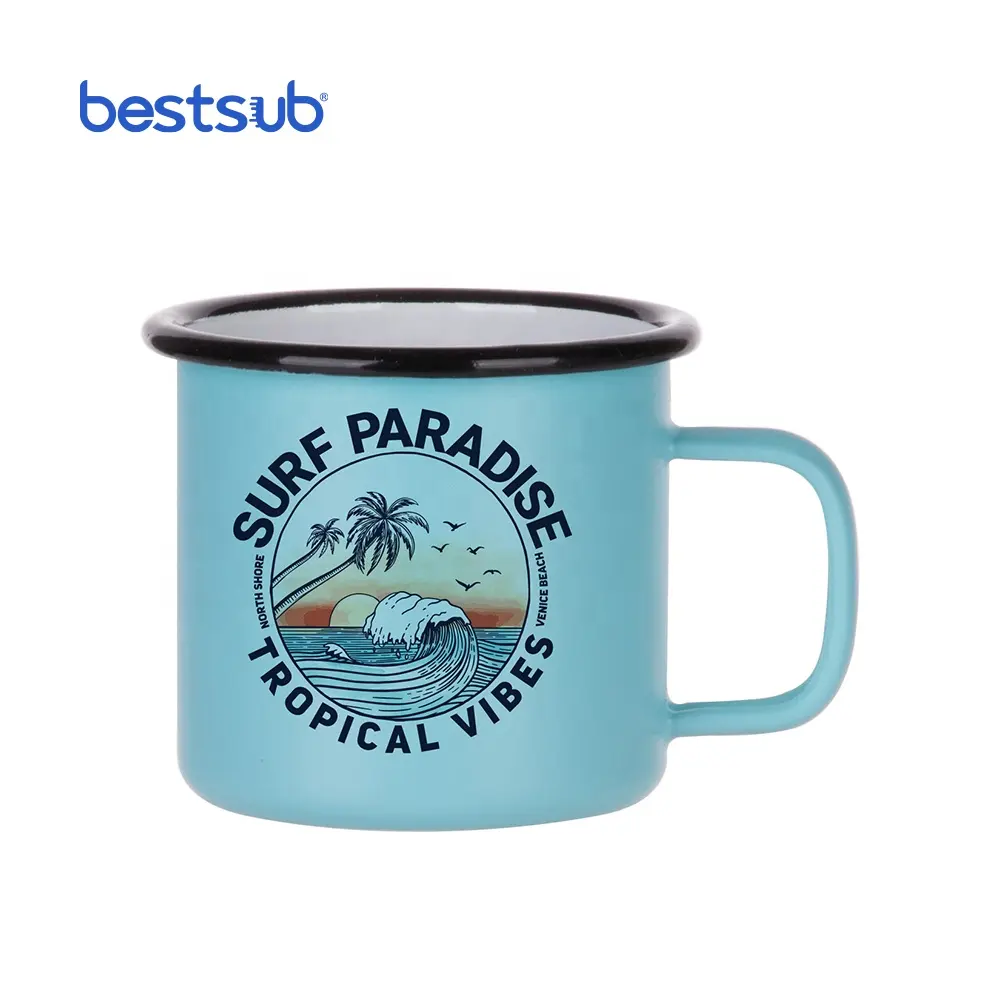 Bestsub Großhandel Hochwertige Matt Farbe gedruckt benutzer definierte Logo Sublimation Blank Keramik Tee Kaffee becher Camping Stahl Emaille Tassen