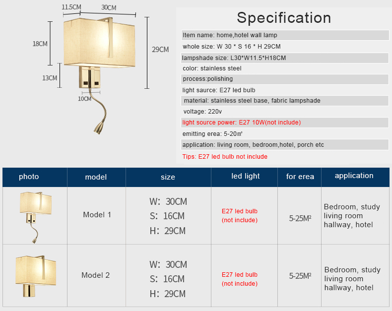 Designer Wall Light Modern Switch Fittings Square Shades Bedside Reading Led Wall Lamp Indoor Hotel Room Wall Mount Light