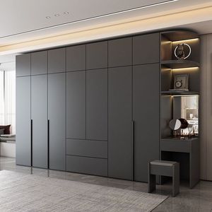<span class=keywords><strong>Armoire</strong></span> grise moderne avec coiffeuse intégrée, miroir, étagères LED, tiroirs, montage facile, taille personnalisable, placard de chambre du sol au plafond - Product Image 1