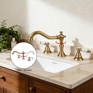 Rubinetto per Lavabo Antico a Doppia Maniglia, Acqua Calda e Fredda, <span class=keywords><strong>in</strong></span> <span class=keywords><strong>Ottone</strong></span> per <span class=keywords><strong>Bagno</strong></span> - Product Image 4