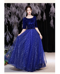 Vrouwen Halve Mouwen Pailletten Sprankelende Elegante Koningsblauwe Zwarte Kleurrijke <span class=keywords><strong>Prom</strong></span> Bruidsmeisje Jurk Tule Avondjurken - Product Image 3