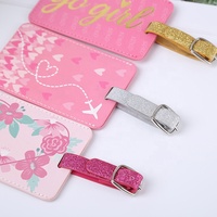 Souvenir Gaya Hawaii Kustom Baru Imut Bentuk Kucing Desain Cetak Bunga Logo Pink Shiny PU Kulit Tag Bagasi untuk Anak Perempuan
