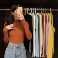 Damesmode Effen Kleur Pullovers Lange Mouwen Stretch Tops Halter Kraag Zachte Dunne Trui Voor Lente Seizoen Platte Gebreide Print