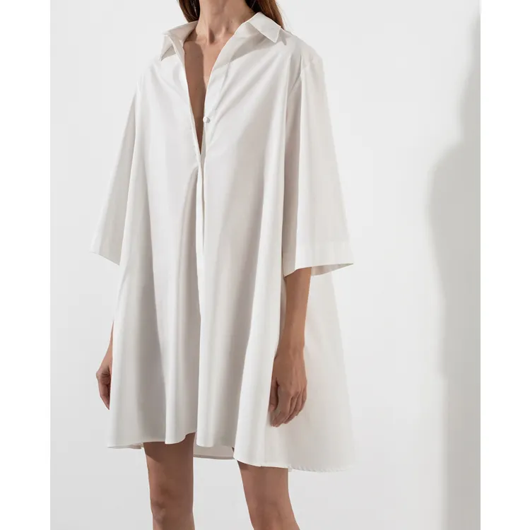 Produsen OEM lengan 3/4 gaun kasual wanita musim panas kemeja berkancing gaun putih untuk wanita elegan