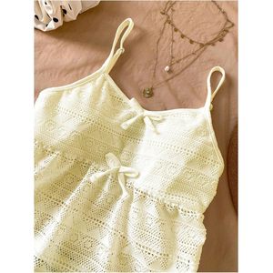 เสื้อครอปท็อป FOXA สำหรับเด็กผู้หญิง สไตล์โบโฮ แต่งโบว์  แบบเว้า  สายเดี่ยว คอวี  ทรงเบบี้ดอลล์  ผ้าฝ้ายใยไผ่ ระบายอากาศได้ดี - Product Image 3