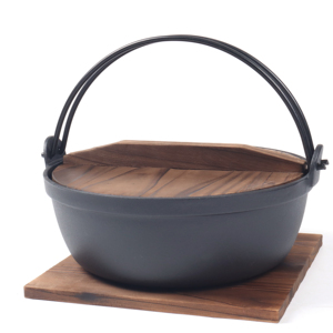 Casserole en <span class=keywords><strong>fonte</strong></span> de style japonais, pré-assaisonnée et avec revêtement émaillé, avec couvercle et poignée en bois, idéale pour le camping - Product Image 1