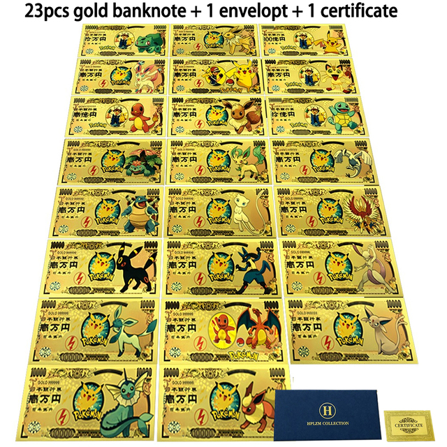 23pcs/set Pokemon Gold Banknote-China Amine Pikachu & Friends Collectible Cards 16x7.5cm Double-Sided Fan Display Gift