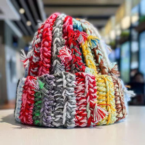 Winter Striped Custom Logo Beanie Hat 100% Polyester Warm Hand Knitted Travel Beach Unisex - Product Image 1