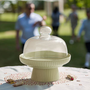 Plateau à gâteau en céramique à <span class=keywords><strong>pied</strong></span> avec dôme en verre, design moderne en relief - Product Image 2
