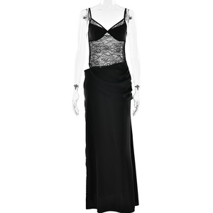 Robe de soirée pour femme, noire, en dentelle, avec corsage transparent, jupe en satin longue, décolleté en cœur froncé, robe de soirée formelle - Product Image 5