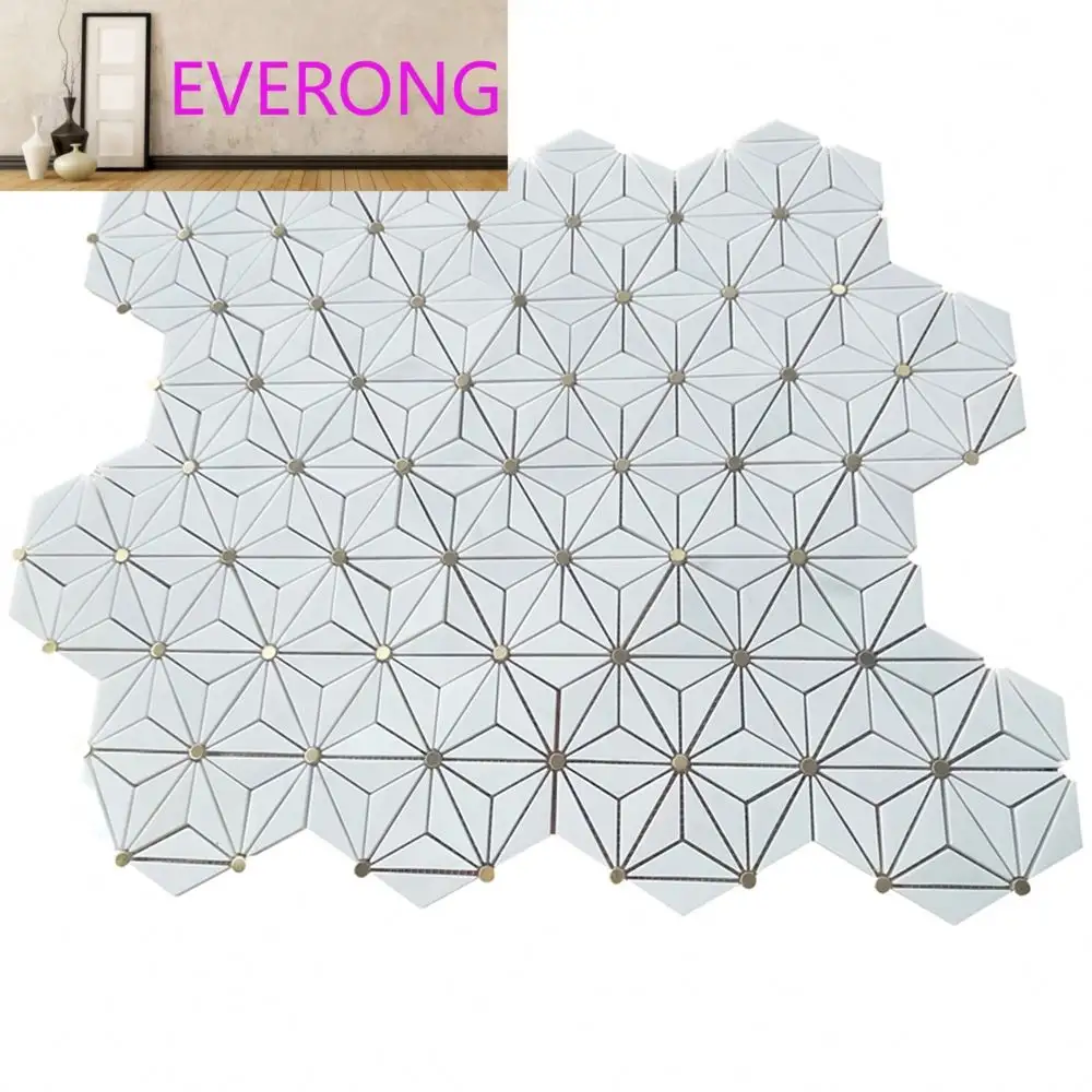 Azulejos de suelo y pared de mosaico de mármol blanco de latón dolomita hexagonal triangular de estilo americano