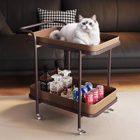 Chariot de rangement pliant en cuir et bois de luxe léger, avec étagère à trois niveaux réglable pour café et snacks, sur roulettes