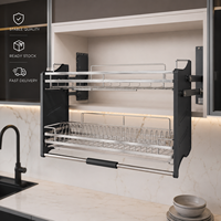 Étagère de rangement de garde-manger murale en acier inoxydable 304, moderne, écologique, avec système de levage pour panier de cuisine coulissant et gain de place