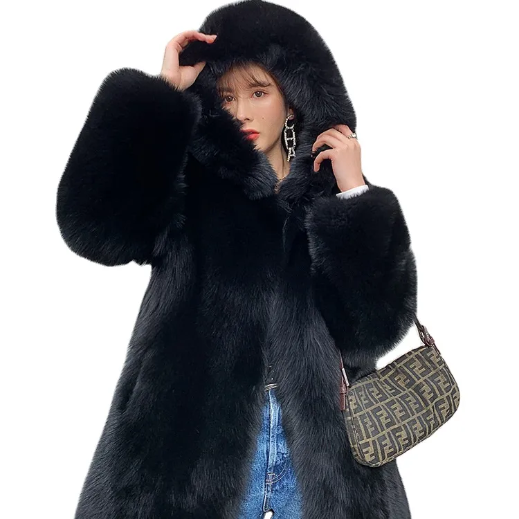 winter warm real fox long coats high quality outerwear genuine fur jacket overcoat with hood