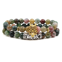 Ensemble de 2 bracelets unisexes en pierre d'agate indienne de 8 mm, tête de Bouddha, tête de crâne, casque de guerrier spartiate, couronne en fer