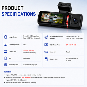 Cámara de Coche 4G LTE de 3 Canales, 2K, Doble Cámara Frontal 1080P, WiFi, GPS, ADAS, BSD, Sensor G, Grabación en Bucle, Monitor de Estacionamiento, Grabadora de Video, IA - Product Image 5