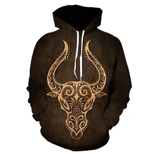 LOW MOQ Großhandel 3d Animal Bull Kopf Siebdruck Baumwolle Unisex Sweatshirts String Overs ize Hoodie