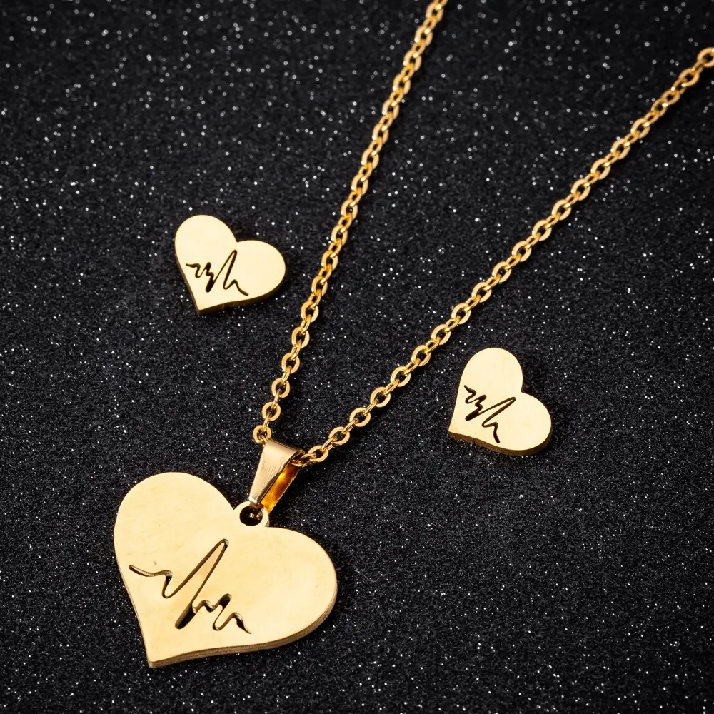 Hot sale women Hollow out Love map necklace set Heartbeat ECG Stud Earrings 3 pcs suit stainless steel jewelry for girls