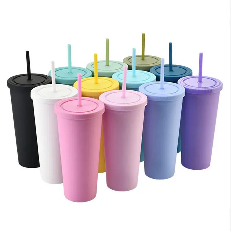 22OZ Coffee Tumbler Double Wall Reusable Plastic Cup With Straw Plastic Clear Tumbler