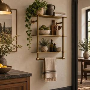 Estante Flotante de Latón para Pared con Toallero, Organizador de Almacenamiento de 3 Niveles, Hecho a Mano, para Baño, Cocina, Decoración del Hogar - Product Image 1