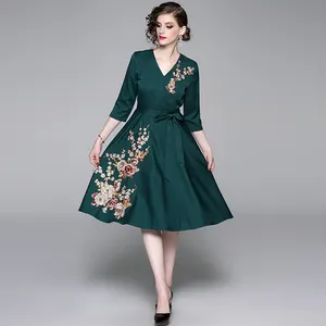 Zarif tasarım V boyun ince abiye kadın işlemeli ziyafet vintage elbiseler