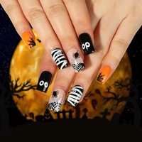 Faux ongles à presser pour Halloween avec motifs crâne, chauve-souris, citrouille, fantôme – Embouts d'ongles effrayants pour fête, cosplay, femmes