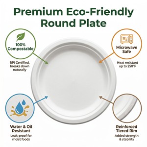 Assiettes jetables en bagasse de canne à sucre de <span class=keywords><strong>10</strong></span> pouces, compostables, biodégradables, écologiques pour la restauration, les restaurants et les événements - Product Image 3