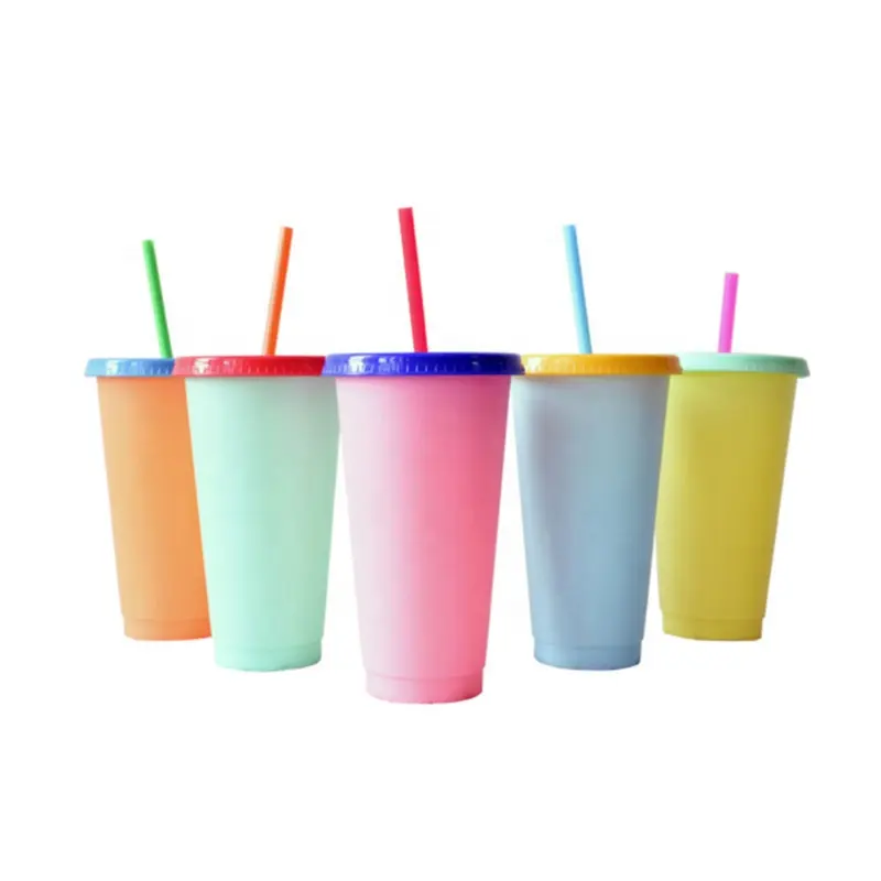 Farbwechsel Benutzer definierte wieder verwendbare Sommer Food Grade Magic Neuheit Temperatur kalt Bpa Free Plastik becher mit Deckel Stroh