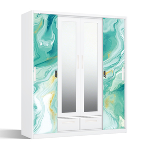 Armoire de chambre en acier imprimé avec portes coulissantes miroir et tringle de suspension - Product Image 2