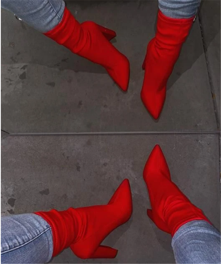 2021 Ins Hot Women Autumn Winter Pointed Toe High Block Heel Ankle Boots Leopard Sock Booties Big size